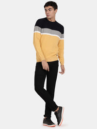 Crew Neck Full Sleeve Yellow Melange Color Blocked Pullover