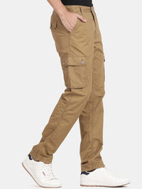 T-Base Men Whiskey Brown Cotton Solid Easy Wash Cargos Trousers