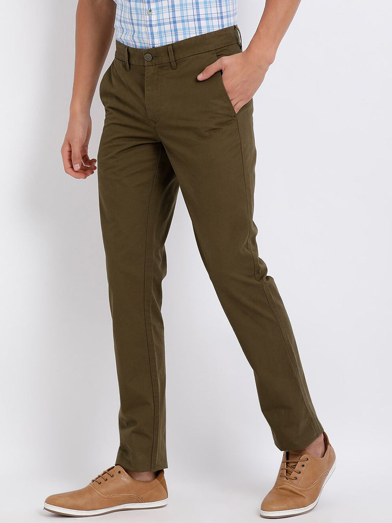 T-Base Men Olive Green Easy Wash Chinos Trousers
