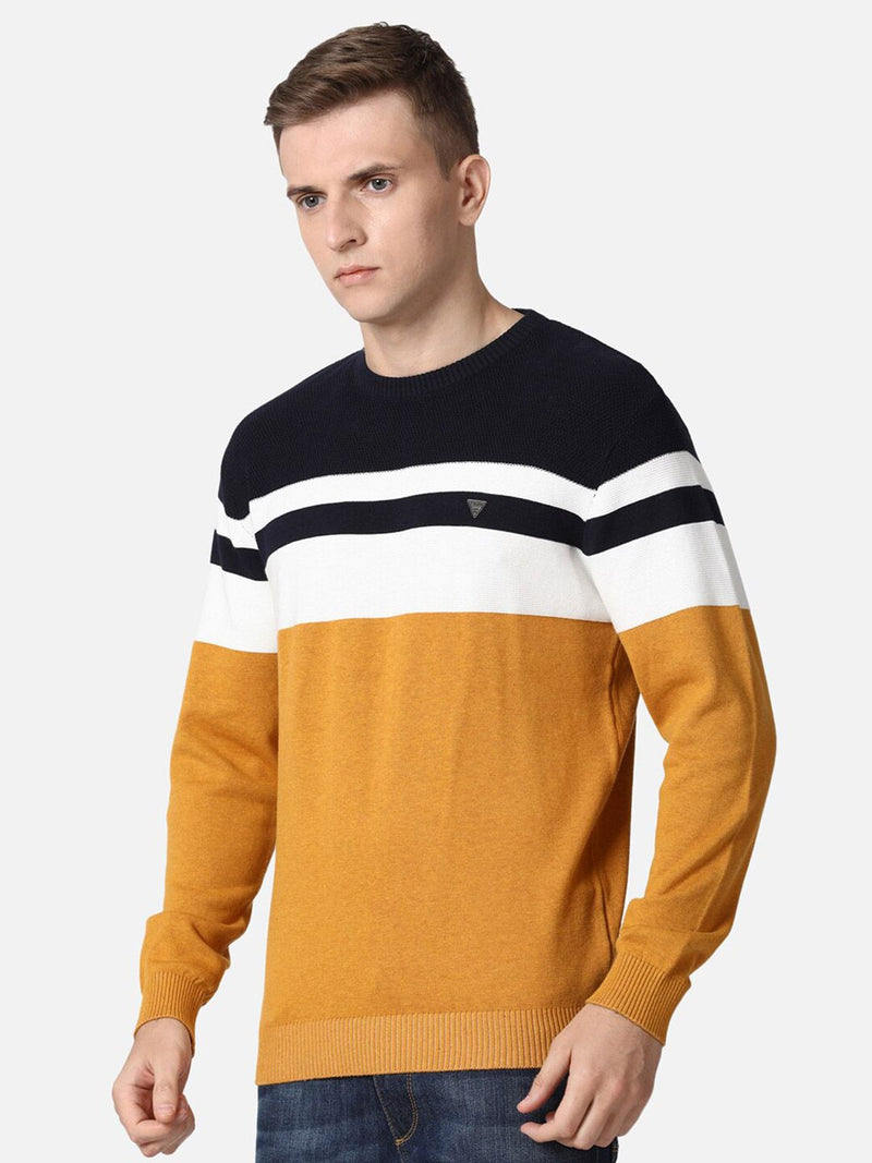 T-Base Men Black & Mustard Colourblocked Cotton Pullover