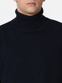 T-Base Men Navy Blue Solid Cotton Pullover
