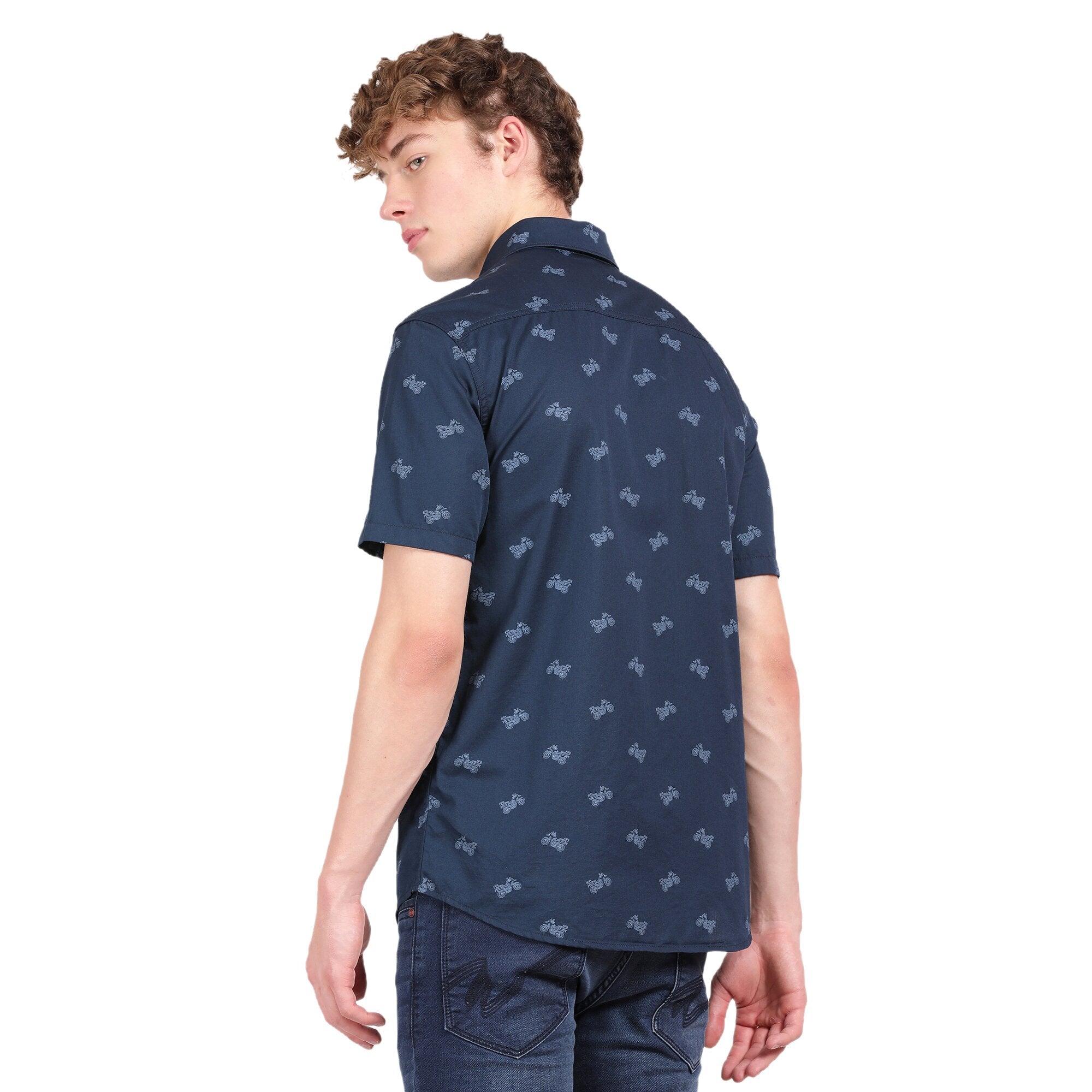 T-Base Men Regular Fit Cotton Casual Shirt | Short Sleeve|Navy Bike