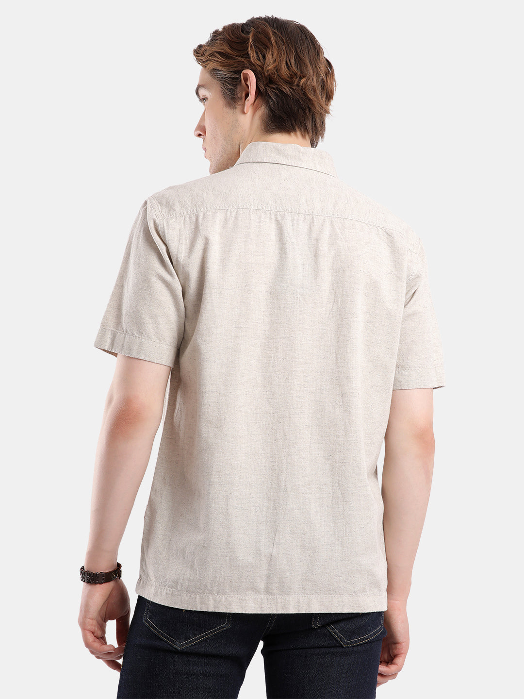 T-Base Men Regular Fit Cotton Casual Shirt | Short Sleeve|Natural