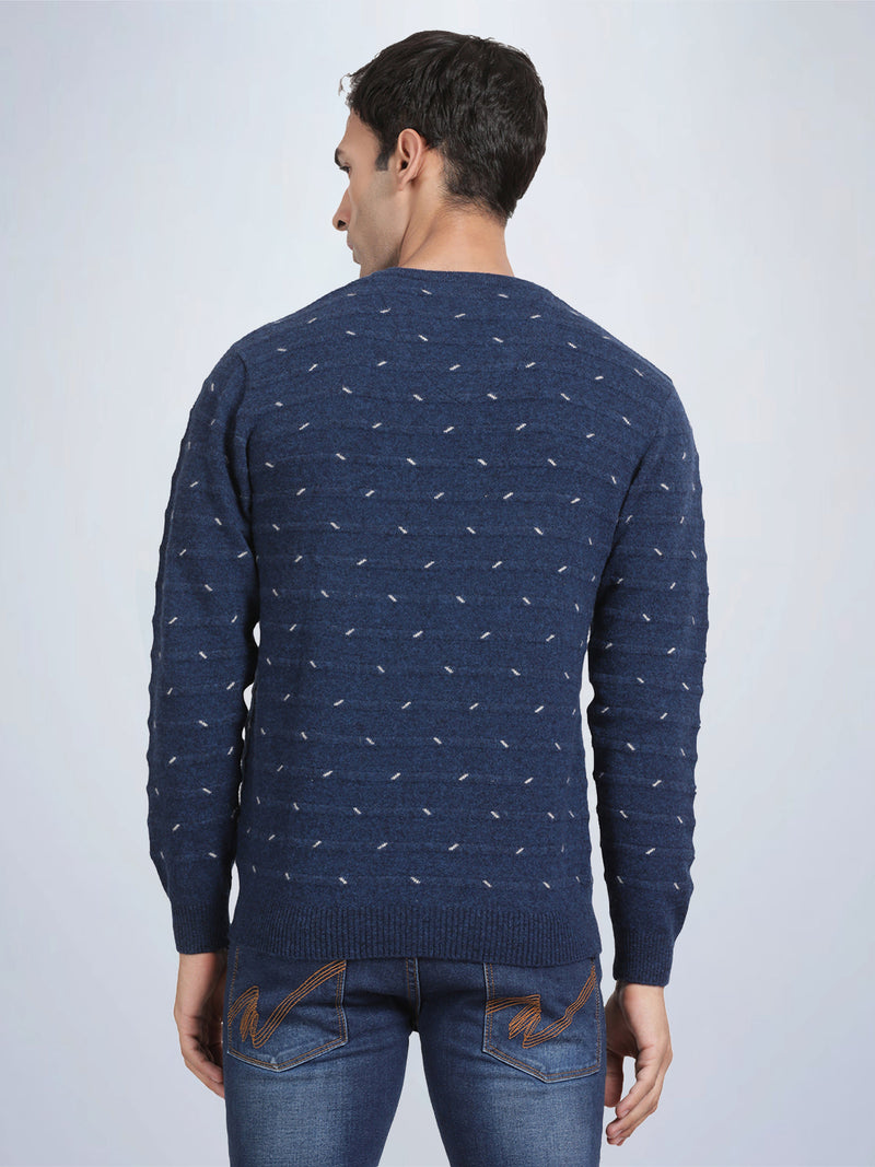 V Neck Jacquard Lambswool Deep Indigo Full Sleeve Pullover