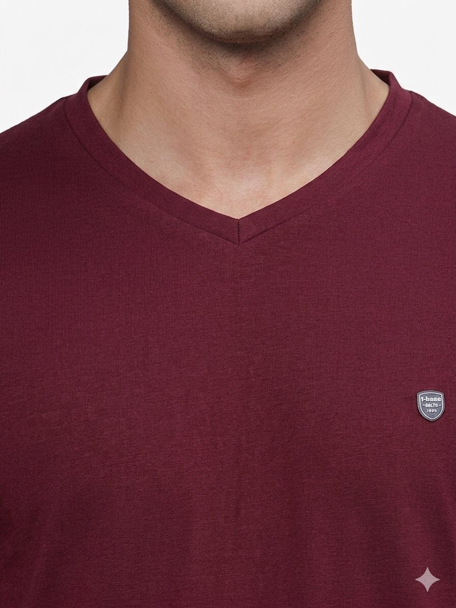 TBASE Men's Cotton Solid V-Neck T-Shirt | Short Sleeves | Regular Fit | Casual Everyday|Ruby Wine
