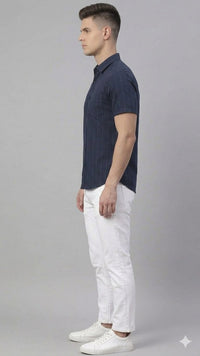 T-Base Men Regular Fit Cotton Casual Shirt | Short Sleeve|Blue Night