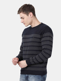 T-Base Men Navy Blue & White Striped Pullover