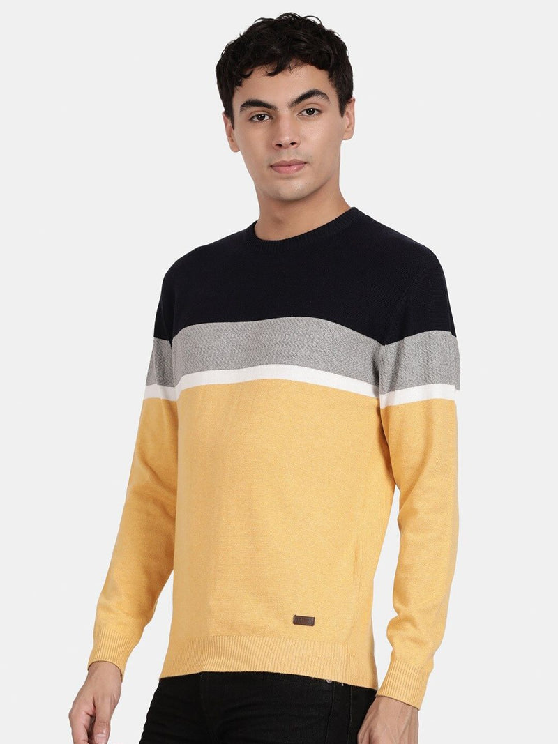 Crew Neck Full Sleeve Yellow Melange Color Blocked Pullover
