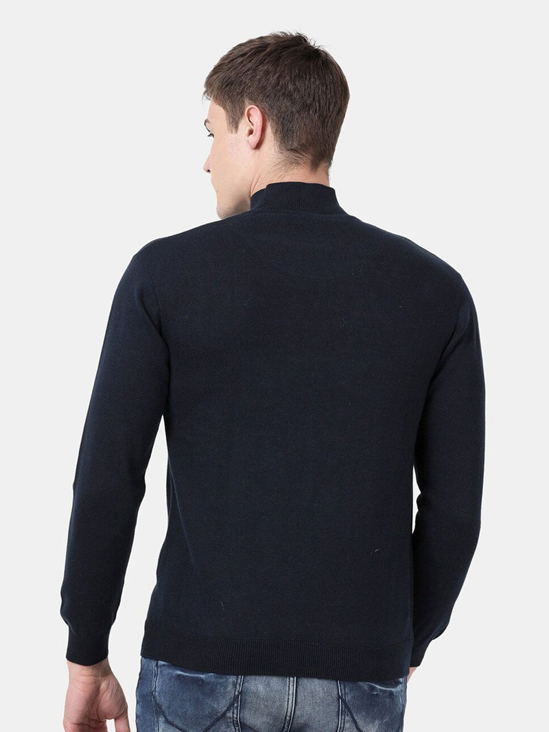 T-Base Men Navy Blue Solid Cotton Modal Turtle Neck Sweater