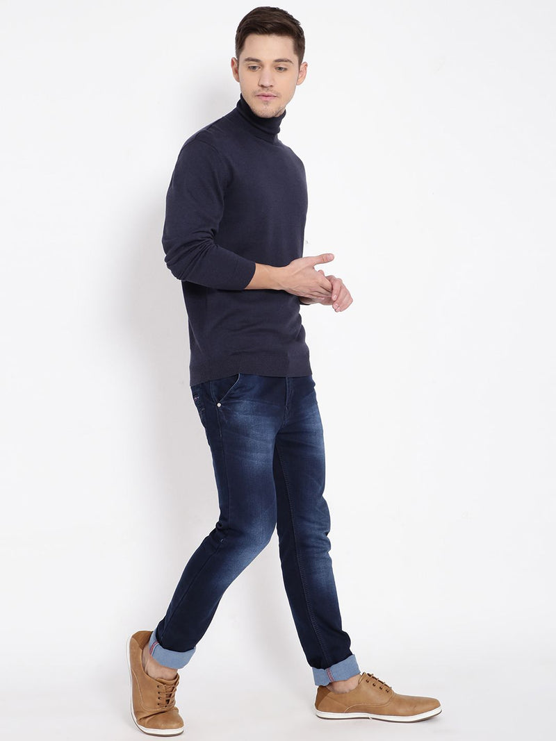 T-Base Men Navy Blue Solid Pullover Sweater