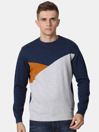 T-Base Men Navy Blue & Grey Colourblocked Cotton Pullover