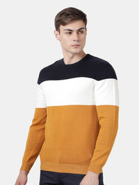 T-Base Colourblocked Round Neck Long Sleeves Cotton Pullover Sweater