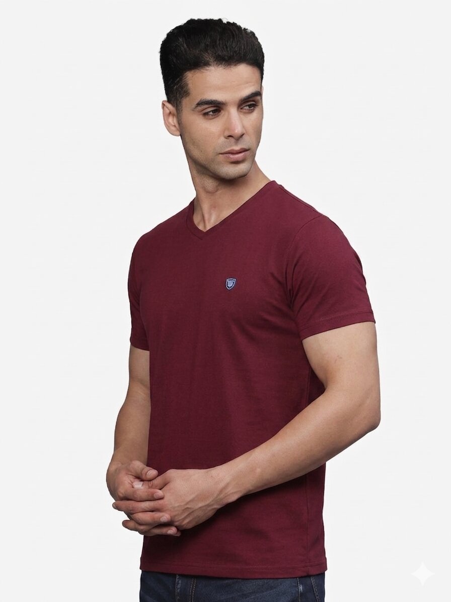 TBASE Men's Cotton Solid V-Neck T-Shirt | Short Sleeves | Regular Fit | Casual Everyday|Ruby Wine