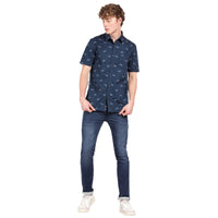 T-Base Men Regular Fit Cotton Casual Shirt | Short Sleeve|Navy Bike