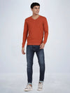 V Neck Burnt Orange Melange Full Sleeve Pullover