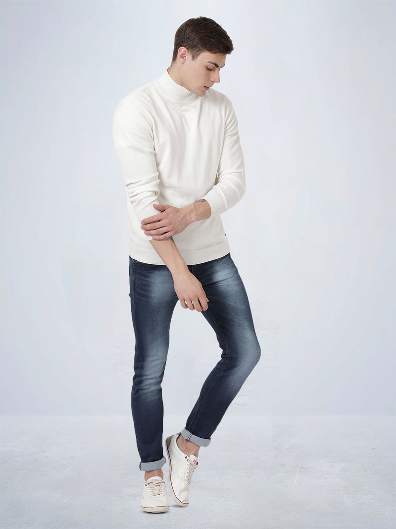 High Neck Off White Full Sleeve Pullover