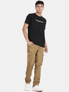 T-Base Men Whiskey Brown Cotton Solid Easy Wash Cargos Trousers