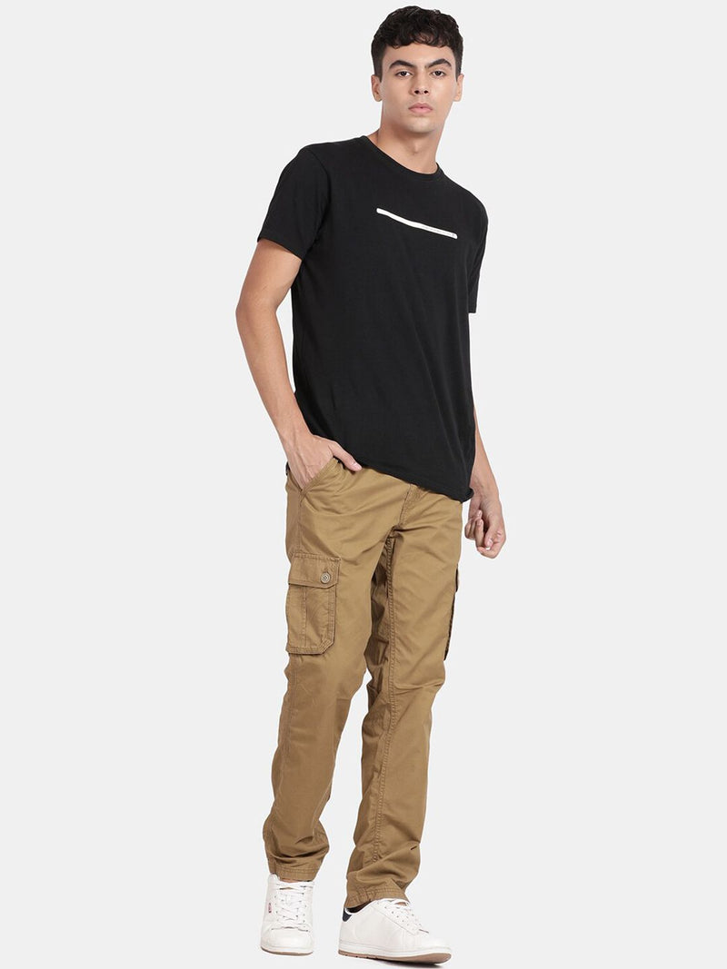 T-Base Men Whiskey Brown Cotton Solid Easy Wash Cargos Trousers