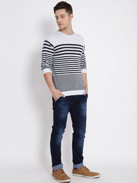 T-Base Men White & Black Striped Pullover Sweater