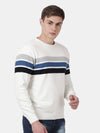 T-Base Men Off White & Blue Colourblocked Striped Pullover