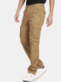 T-Base Men Whiskey Brown Cotton Solid Easy Wash Cargos Trousers