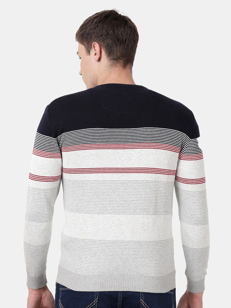 T-Base Men Navy Blue & Grey Striper Cotton Crewneck Sweater