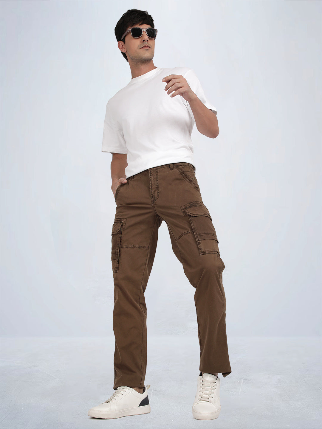 Tbase Men's Solid Original Fit Cargo Trousers | Lycra Fabric|Bark