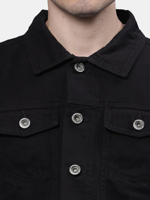 Black Solid Cotton Full Sleeve Trucker Jacket