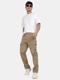 T-Base Men’s Khaki Cargo Trouser | Mid-Rise Casual Utility Pants with 6 Pockets