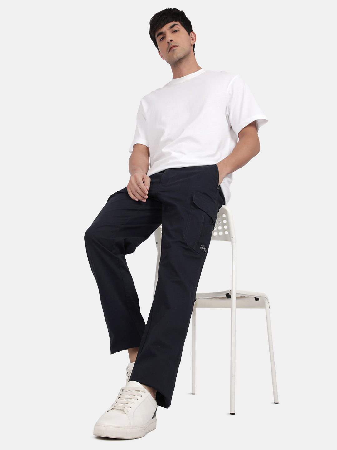 T-Base Men’s Navy Cargo Trouser | Mid-Rise Casual Utility Pants with 6 Pockets
