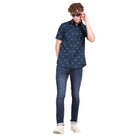 T-Base Men Regular Fit Cotton Casual Shirt | Short Sleeve|Navy Bike