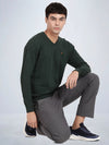 V Neck Dark Pine Melange Full Sleeve Pullover