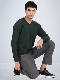 V Neck Dark Pine Melange Full Sleeve Pullover