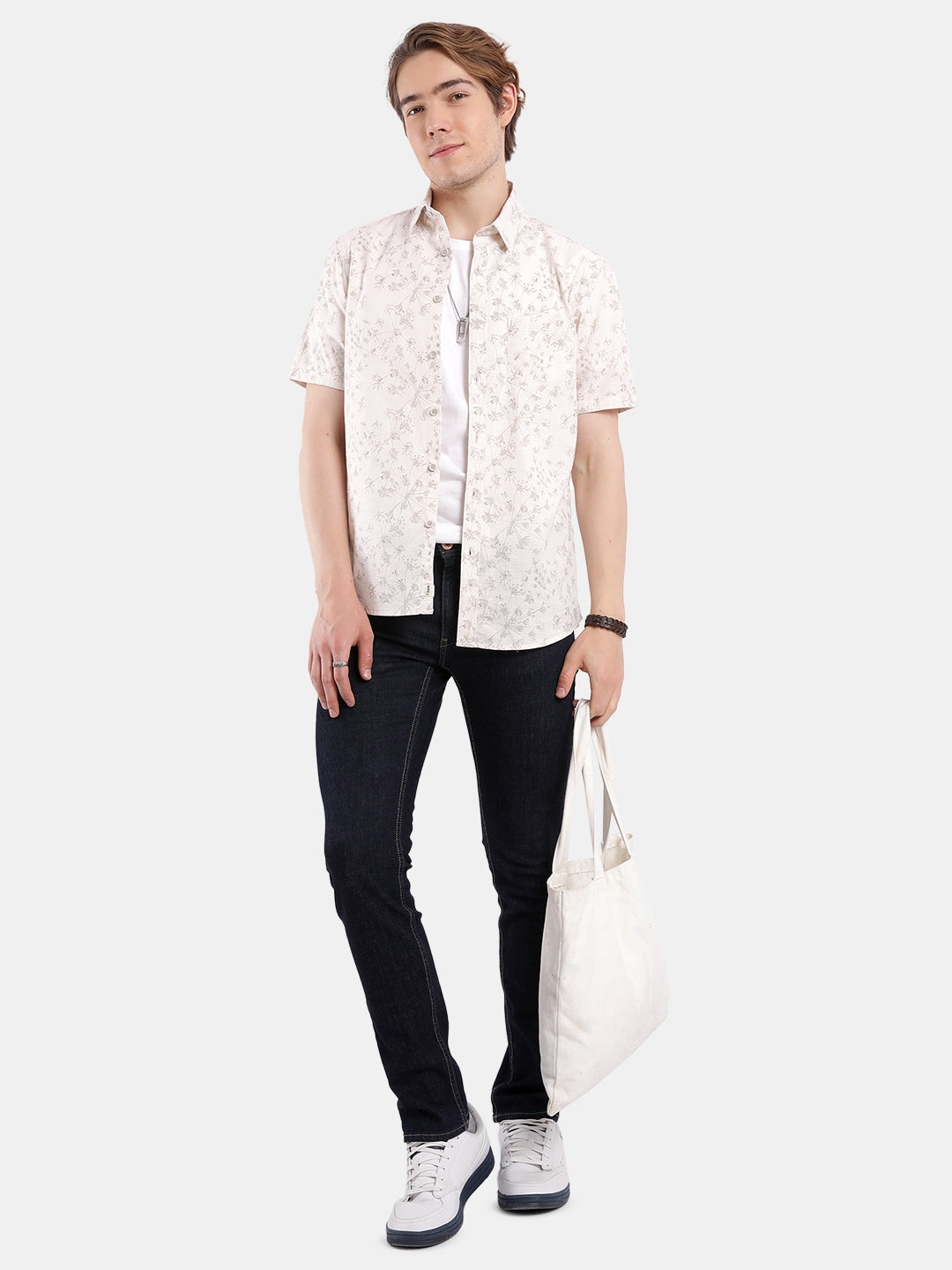 T-Base Men Regular Fit Cotton Casual Shirt | Short Sleeve|Light Natural