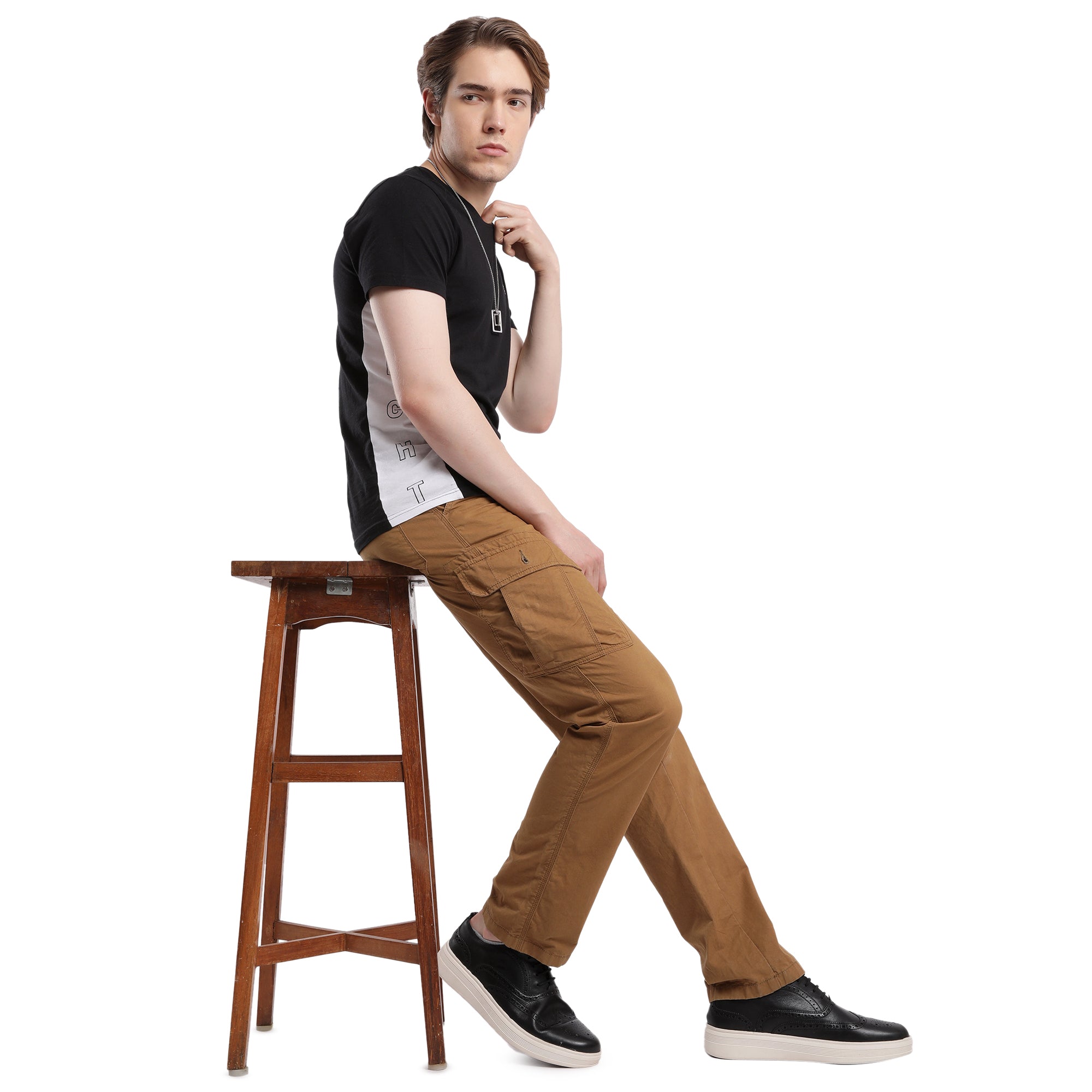T-Base Men’s Whisky Cargo Trouser | Mid-Rise Casual Utility Pants with 6 Pockets