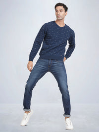 V Neck Jacquard Lambswool Deep Indigo Full Sleeve Pullover