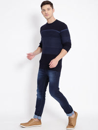 T-Base Men Navy Blue Striped Pullover Sweater