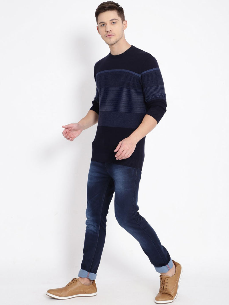 T-Base Men Navy Blue Striped Pullover Sweater