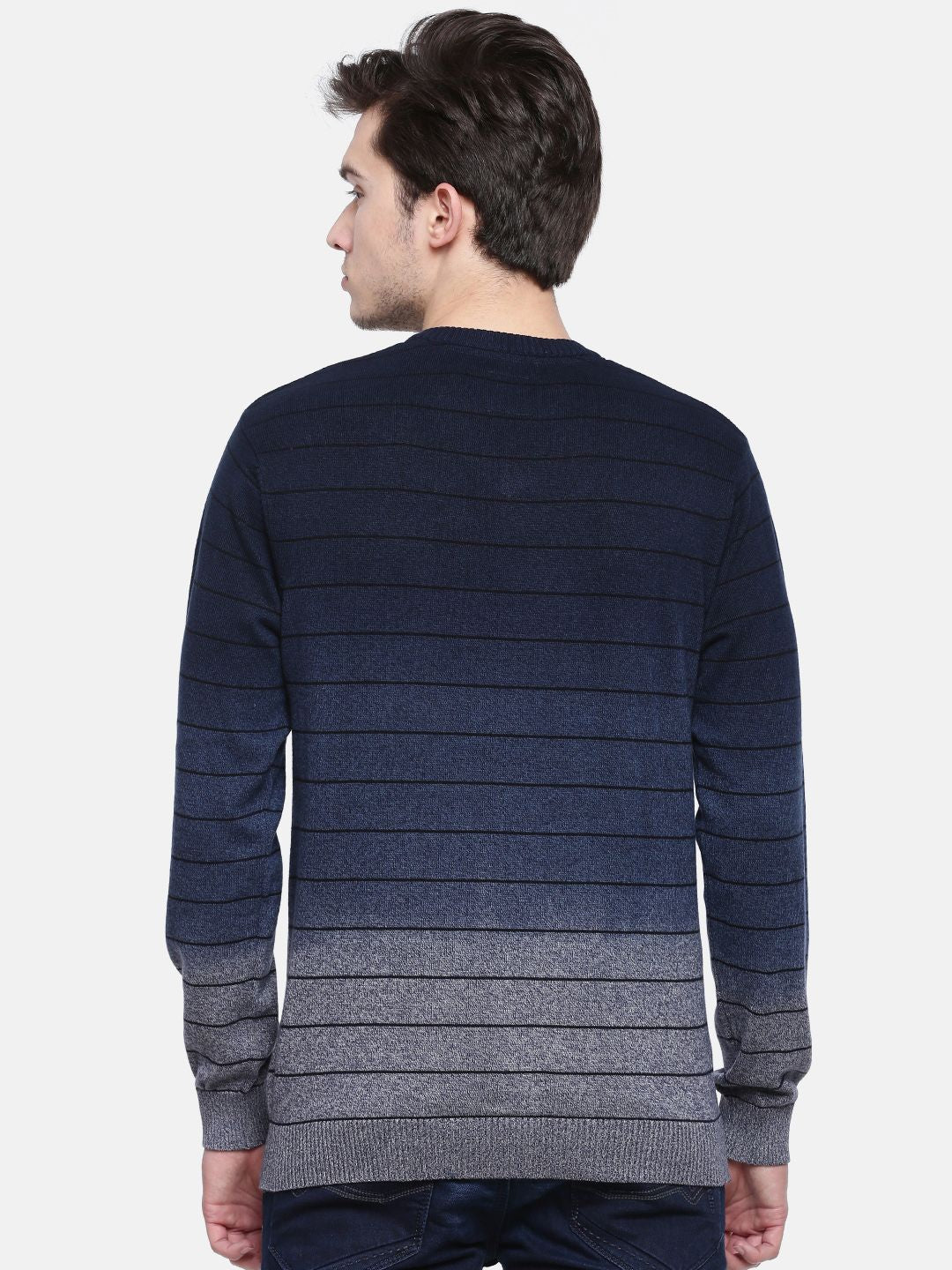T-Base Men Blue & Grey Striped Sweater