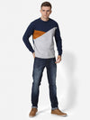 T-Base Men Navy Blue & Grey Colourblocked Cotton Pullover