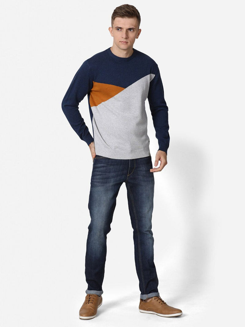 T-Base Men Navy Blue & Grey Colourblocked Cotton Pullover