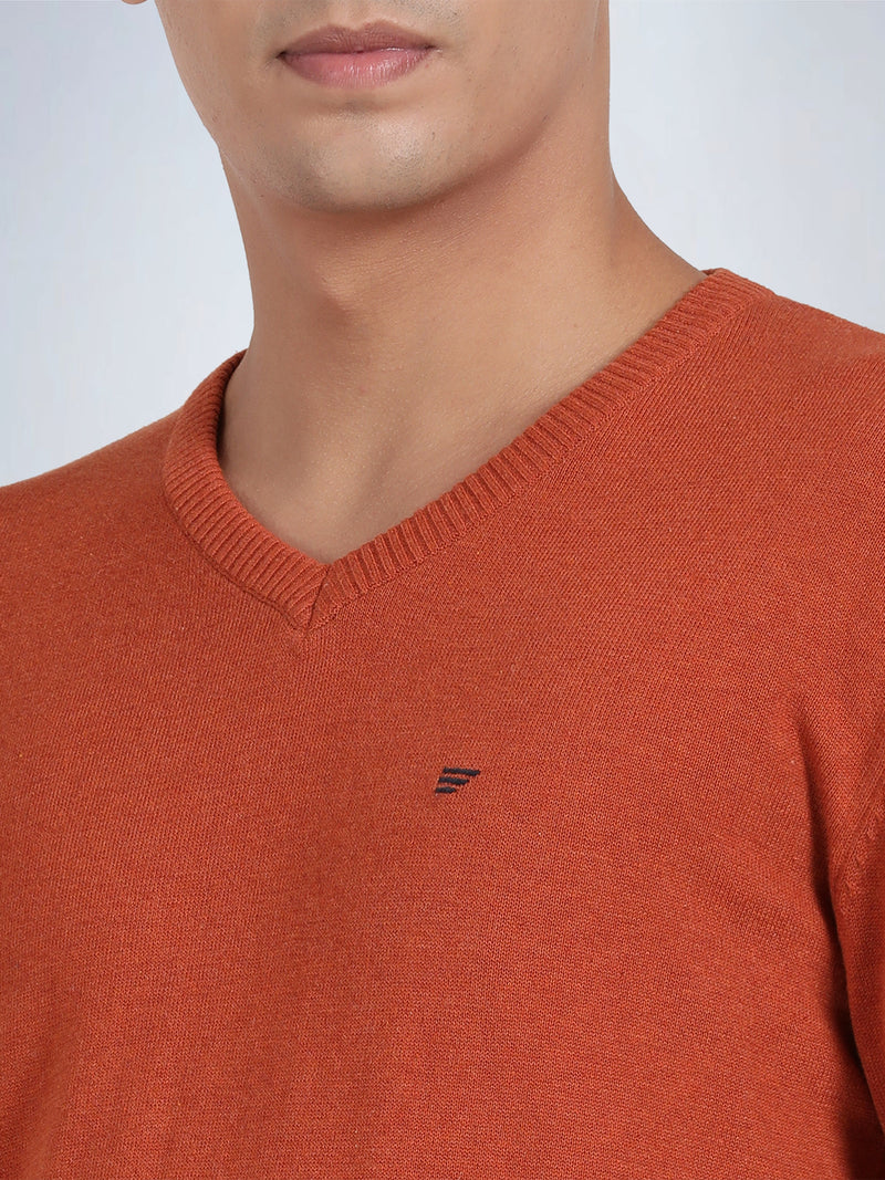 V Neck Burnt Orange Melange Full Sleeve Pullover