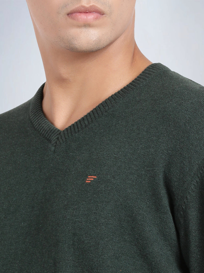 V Neck Dark Pine Melange Full Sleeve Pullover