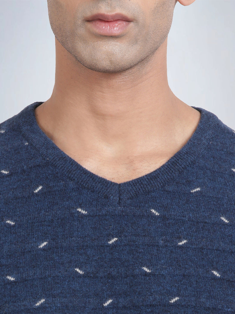 V Neck Jacquard Lambswool Deep Indigo Full Sleeve Pullover