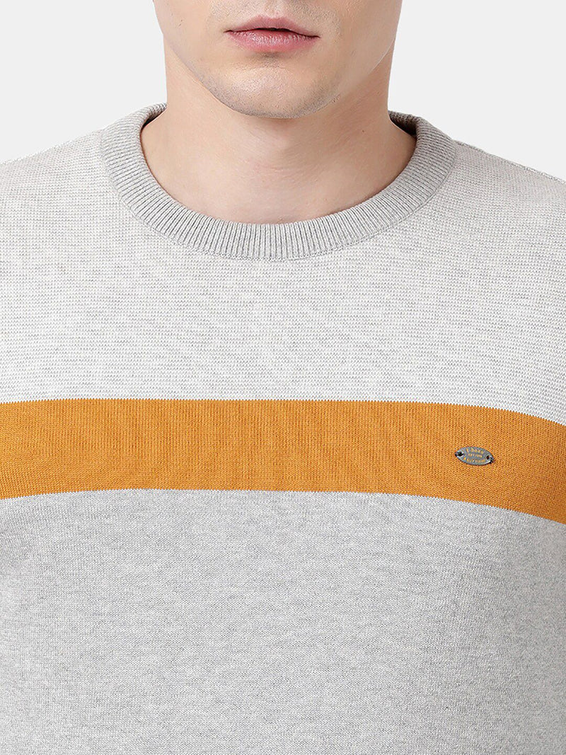 T-Base Men Grey & Orange Striped Pullover
