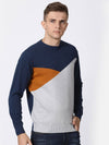 T-Base Men Navy Blue & Grey Colourblocked Cotton Pullover