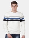 T-Base Men Off White & Blue Colourblocked Striped Pullover