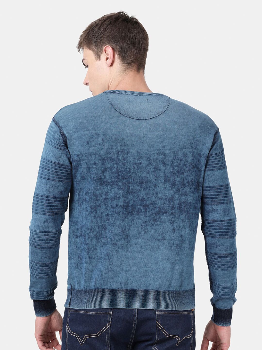 T-Base Men'S Indigo Solid Cotton Crewneck Sweater