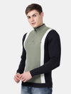 T-Base Men Olive Green & Black Colourblocked Pullover With Zip Detail
