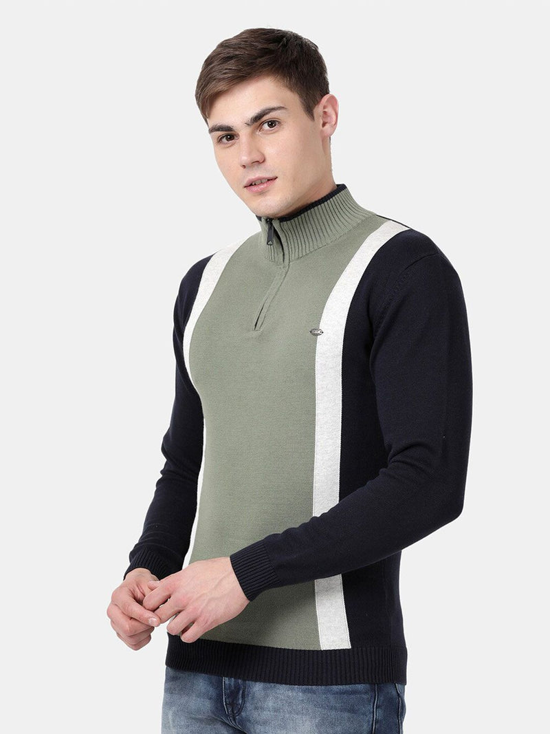 T-Base Men Olive Green & Black Colourblocked Pullover With Zip Detail
